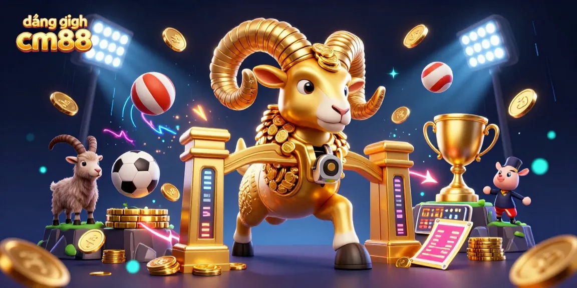 Join the excitement at đăng nhập cm88 with dynamic sports elements and a golden ram charging ahead!