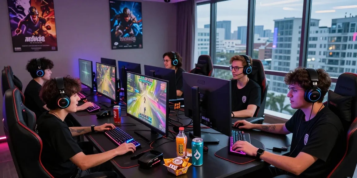 Engaged friends playing rokok88 in a vibrant gaming lounge setting.