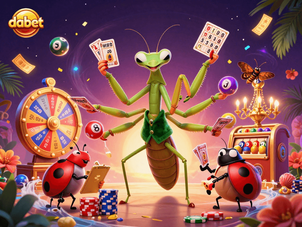dabet offers a lively 3D scene with a giant praying mantis card sharp and ladybug pit boss overseeing vibrant lottery elements