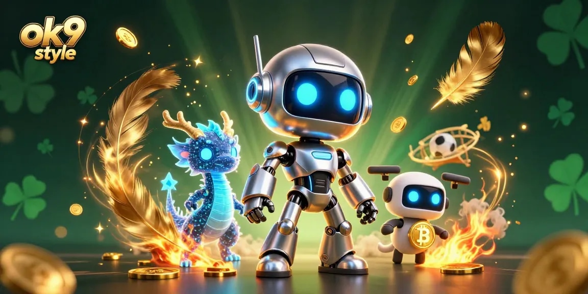 Engage in thrilling sports betting excitement with ok9 style as a robotic mascot teams with a dragon and bitcoin drone.