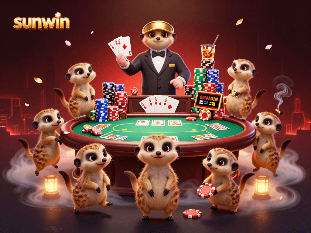 Engage with sunwin's exciting 3D meerkat casino scene featuring high-stakes poker action.