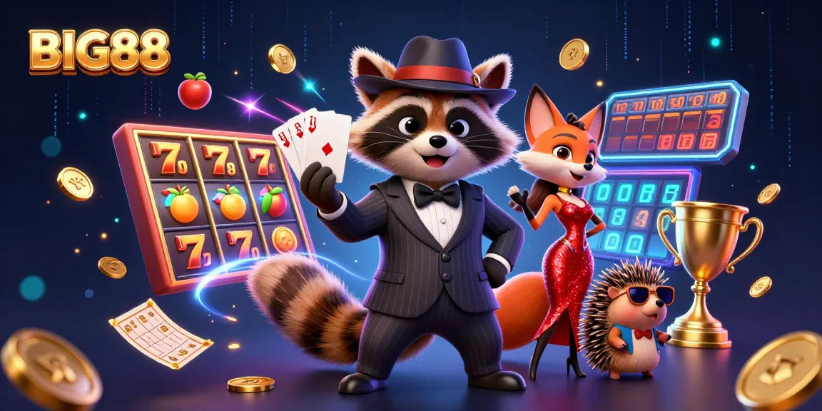 Experience the excitement of BIG88 casino with a raccoon holding a royal flush amidst dynamic gaming elements.