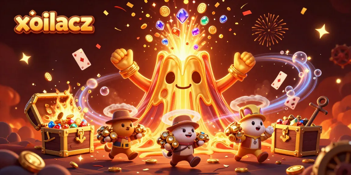 Xoilacz engages players in dynamic gameplay with a triumphant volcano and treasures exploding around a vibrant casino theme.