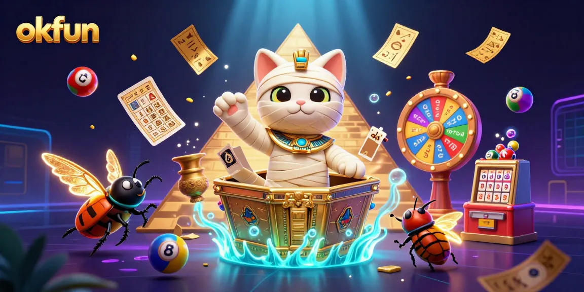 Engage in thrilling adventures at okfun with vibrant 3D illustrations featuring a mummy cat and casino elements.