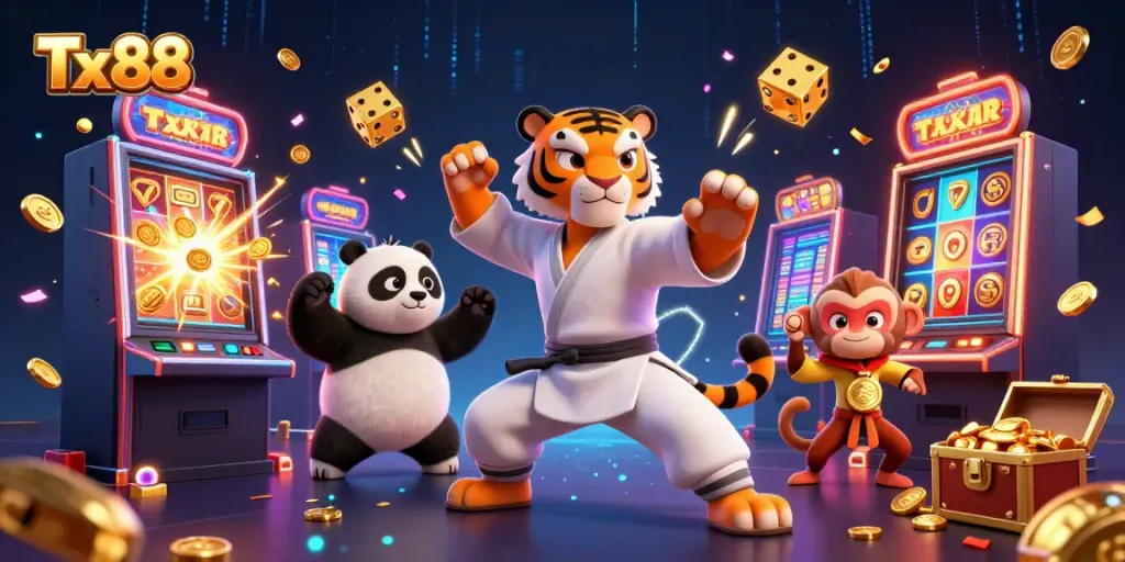 Engage with Tx88 as a kung fu tiger master leads a 3D casino adventure filled with vibrant symbols.