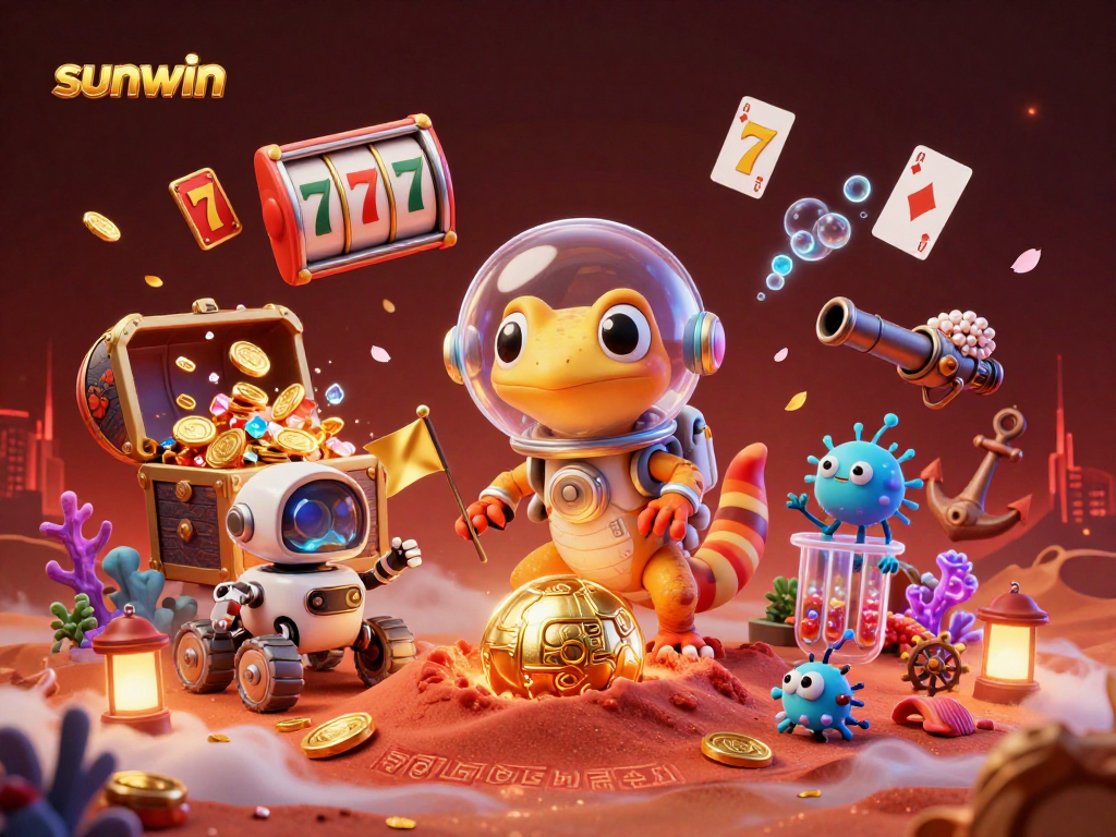 Experience sunwin's vibrant casino adventure with characters discovering gold and excitement.