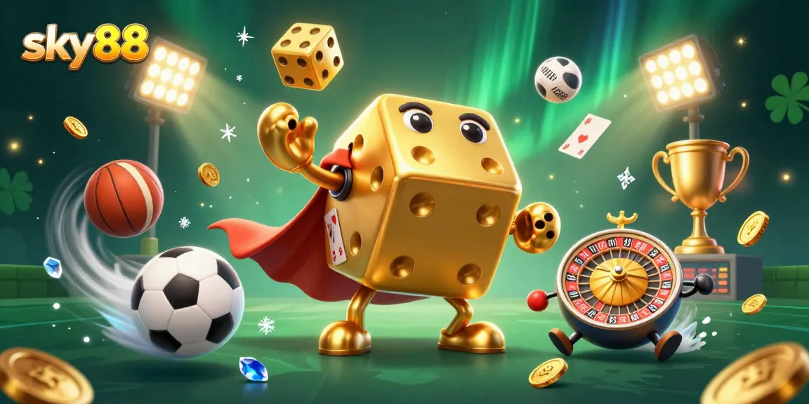 Sky88 showcases immersive online sports betting with golden dice and vibrant dynamic elements.