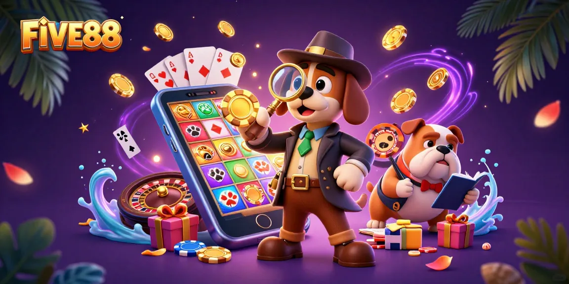 Engage with FIVE88's dynamic casino gaming scene featuring animated characters and vibrant gaming elements.