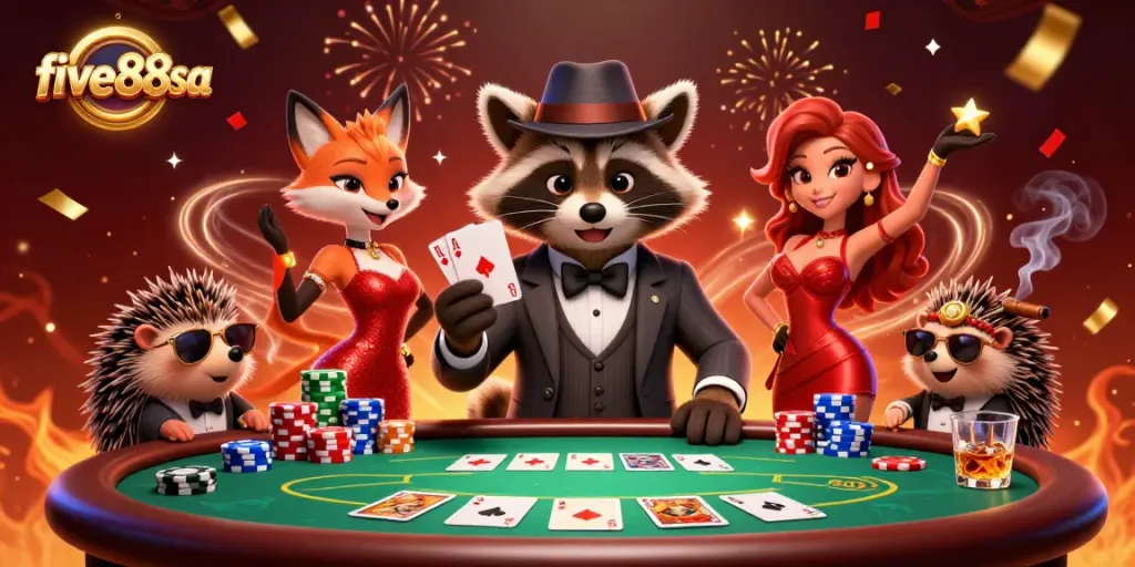 Experience excitement with five88sa's animated poker scene, showcasing characters and chips in vibrant detail.