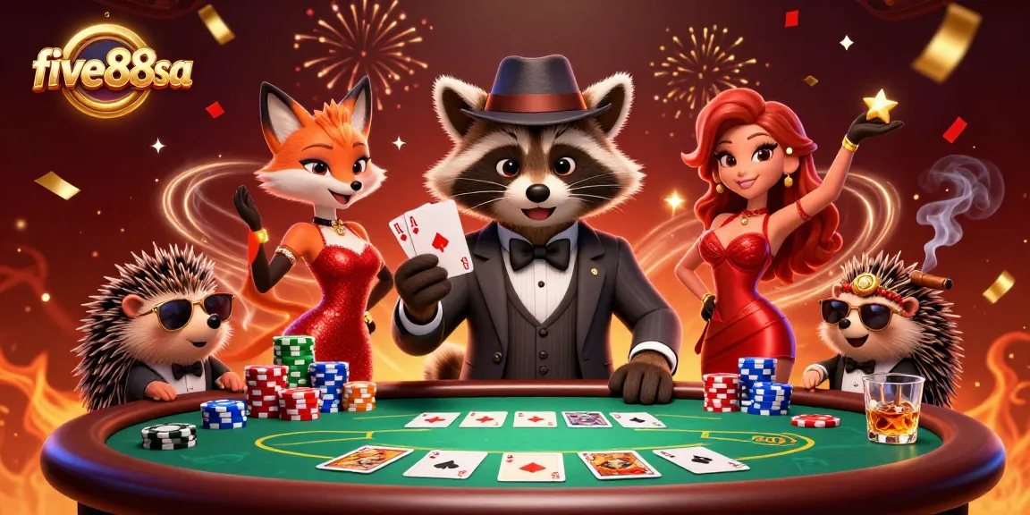 Experience excitement with five88sa's animated poker scene, showcasing characters and chips in vibrant detail.