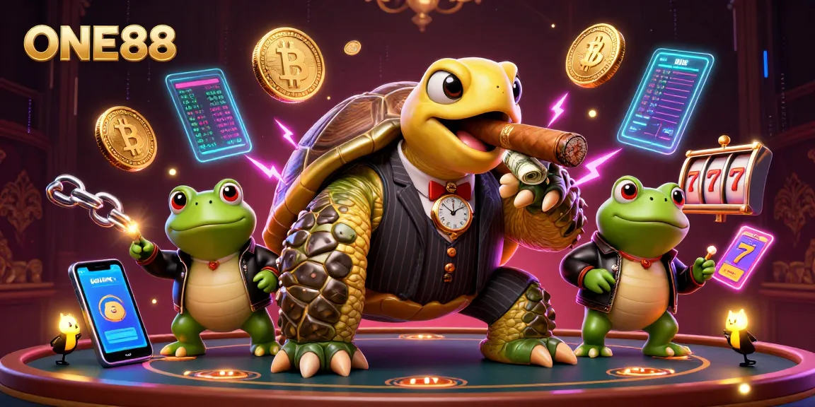 ONE88 showcases a vibrant online casino scene with a mobster turtle, crypto coins, and dazzling lights.
