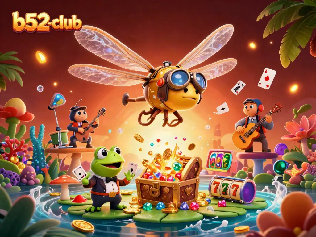 Experience the excitement of b52-club with a cartoon dragonfly pilot and frog croupier dealing winning hands.