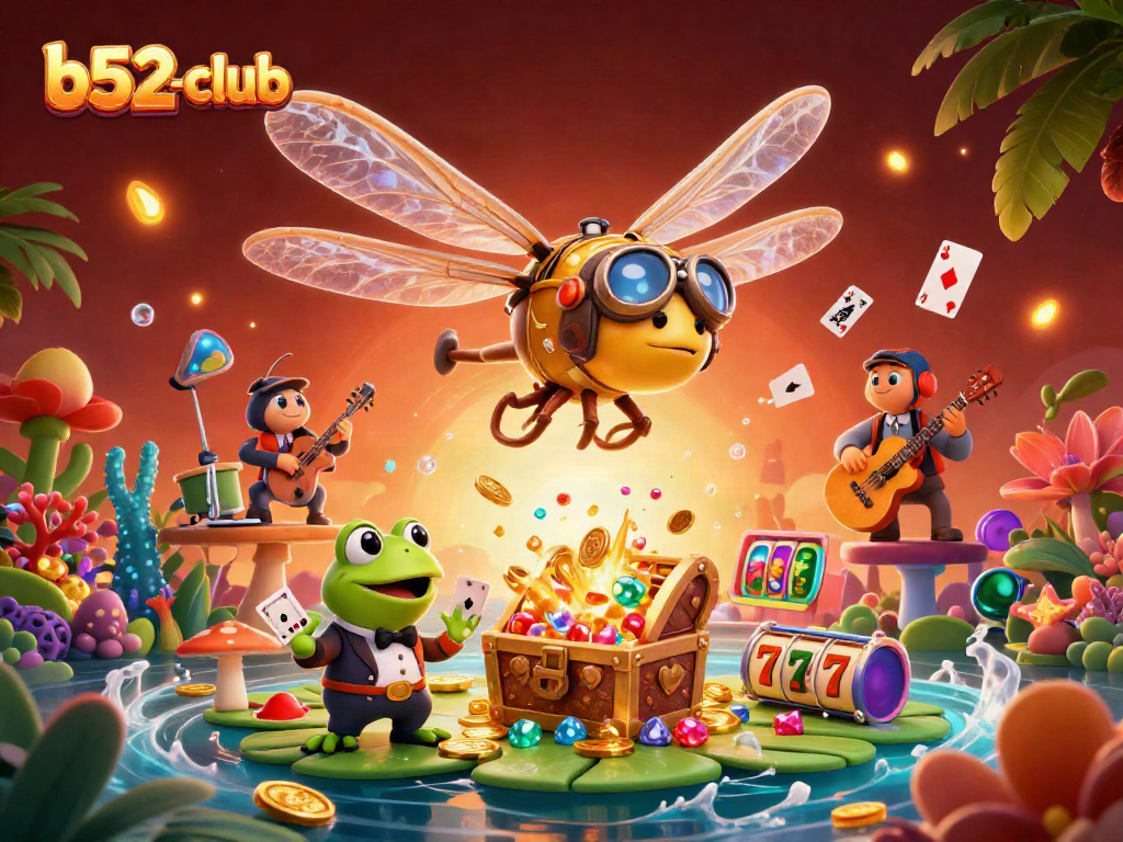 Experience the excitement of b52-club with a cartoon dragonfly pilot and frog croupier dealing winning hands.