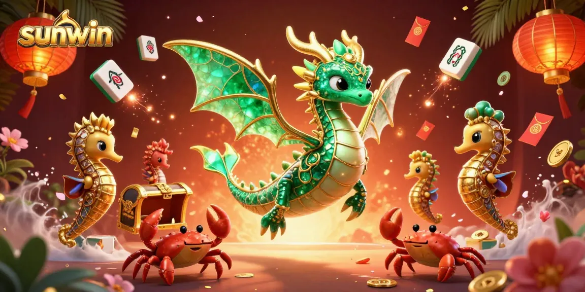 Sunwin offers a thrilling experience with an emerald sea dragon and casino elements floating in a vibrant scene.