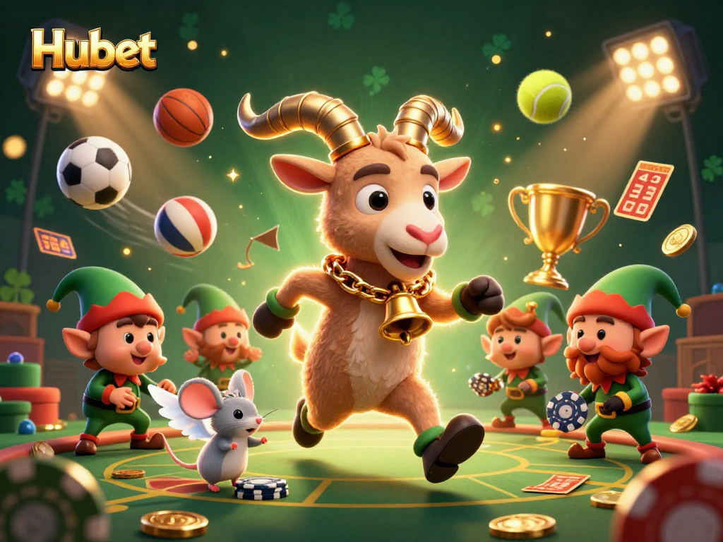 Engage with Hubet's thrilling casino experience as Krampus and friends entertain in a vibrant, chaotic scene.