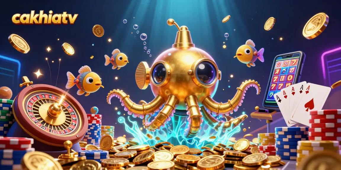 Cakhiatv features a stunning kraken submarine exploring a sea of coins, symbolizing winning opportunities.