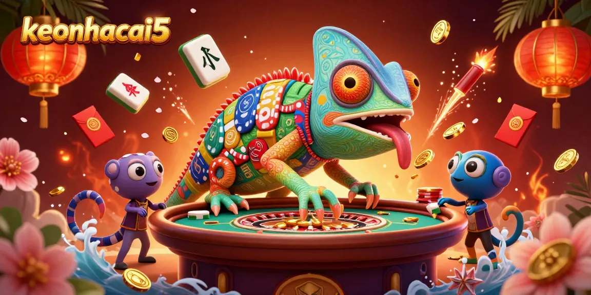 Experience thrilling bets with keonhacai5's vibrant chameleon casino owner and festive gambling elements.
