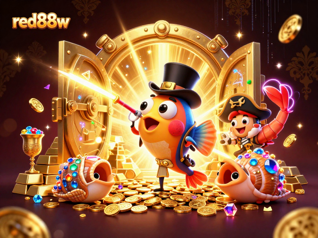 Unleash your luck with red88w in this vibrant casino scene featuring treasure-filled characters.