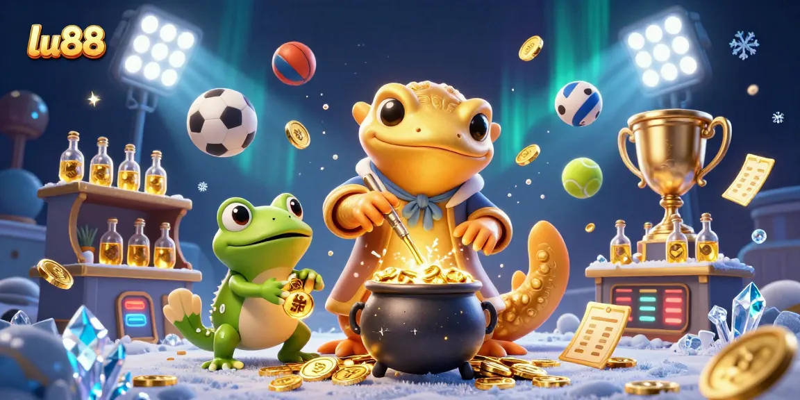 Lu88 showcases thrilling online sports betting with golden elements and lively characters.