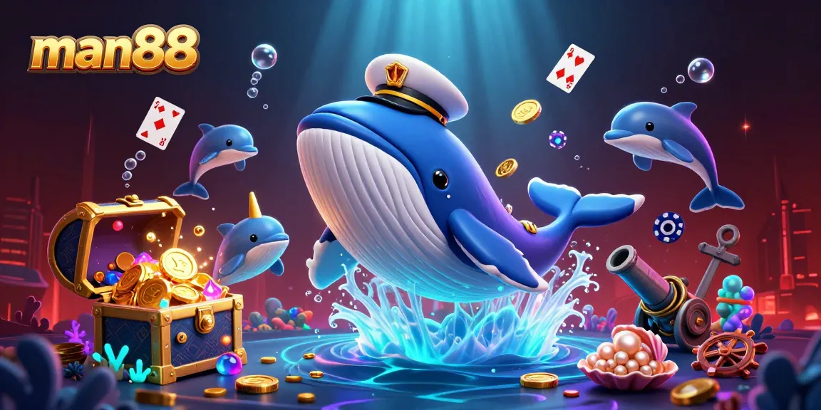 Experience thrilling fun with man88's vibrant casino-themed underwater illustration.