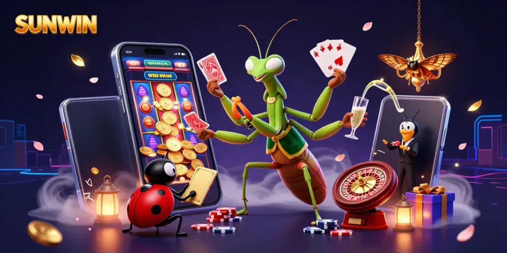 Engage with SUNWIN's vibrant casino atmosphere featuring a giant card sharp and ladybug pit boss.
