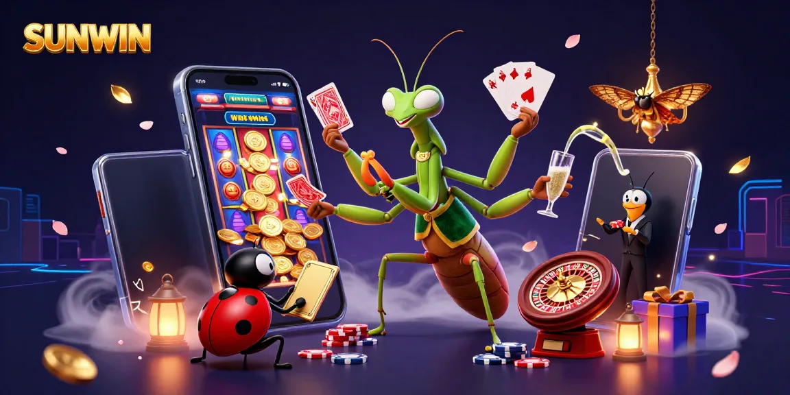 Engage with SUNWIN's vibrant casino atmosphere featuring a giant card sharp and ladybug pit boss.
