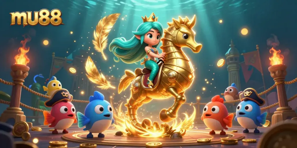Winning big at mu88 with a vibrant underwater-themed casino illustration featuring enchanting characters and rich gaming elements.