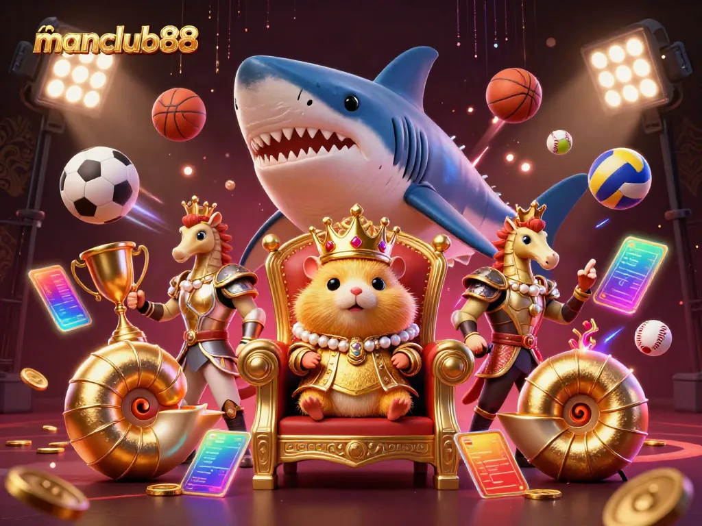 Engage in thrilling gaming with manclub88's vibrant casino adventure featuring a fierce hamster king.