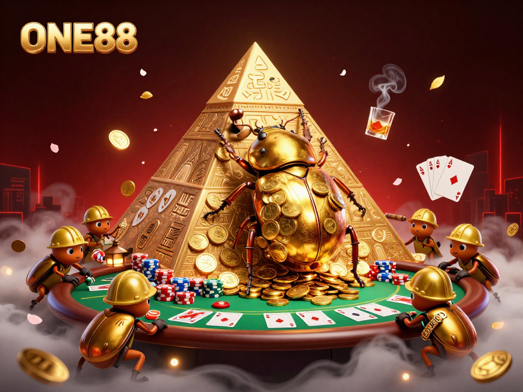 Engage in exhilarating winnings with ONE88 at the forefront, featuring golden beetles and vibrant poker elements.