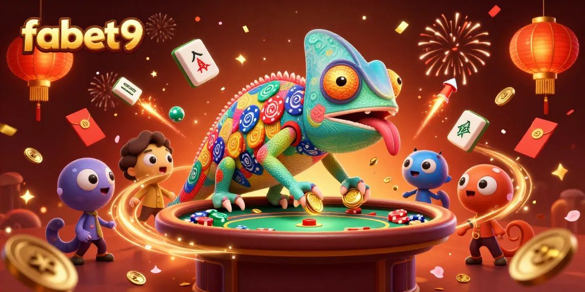 Experience fabet9 with a vibrant illustration of a chameleon casino owner amidst festive elements.