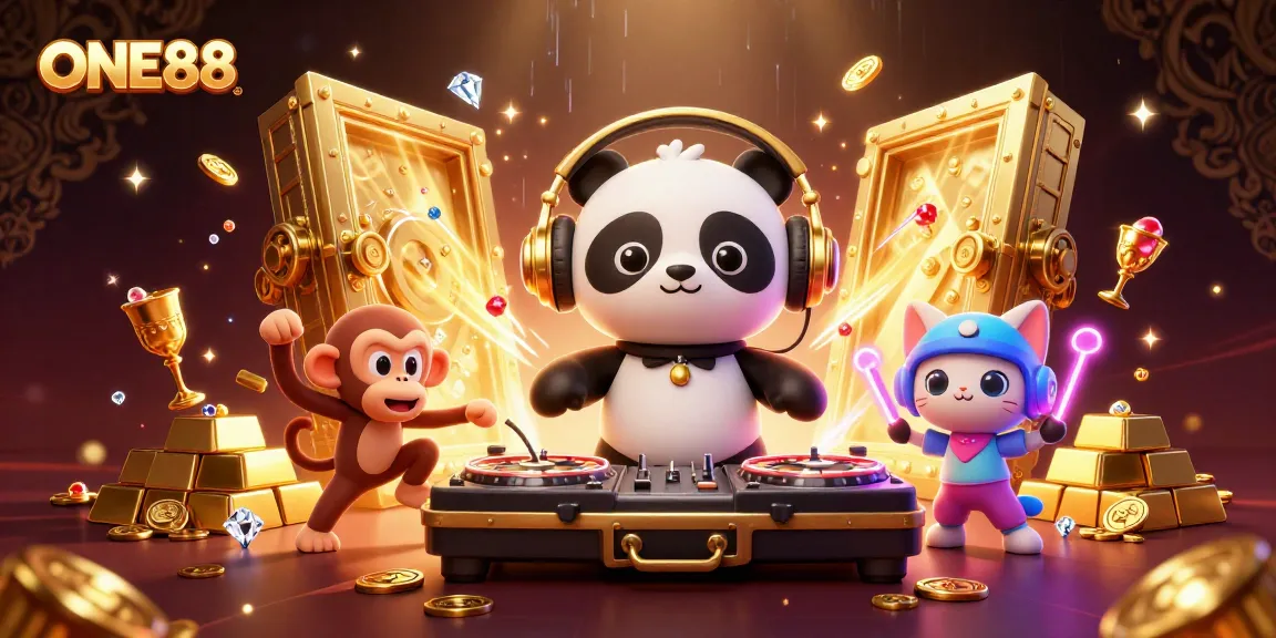 Experience the excitement of ONE88 with vibrant casino-themed characters and dynamic gaming elements.