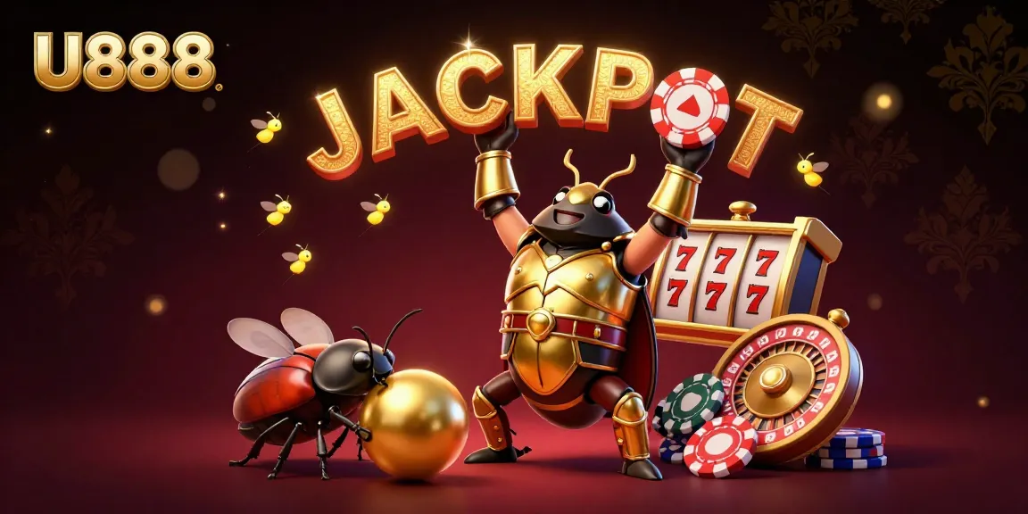 Experience the thrill at U888 with a hero beetle celebrating a poker win amidst festive gaming elements!