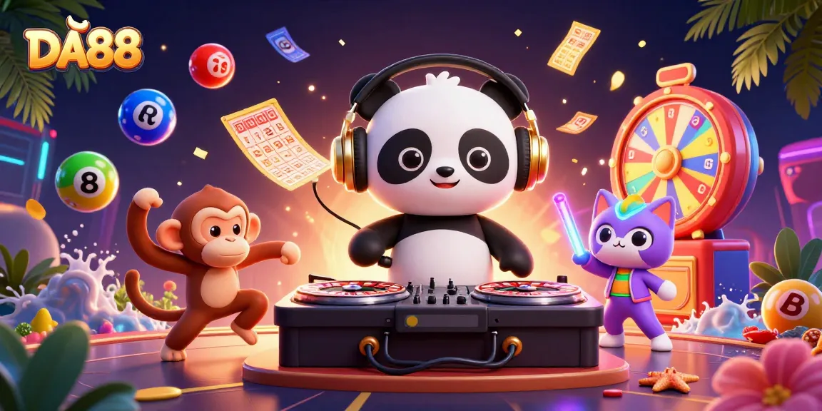 Engage in thrilling games at DA88 with a vibrant DJ panda, dancing monkey, and glowing kitten.