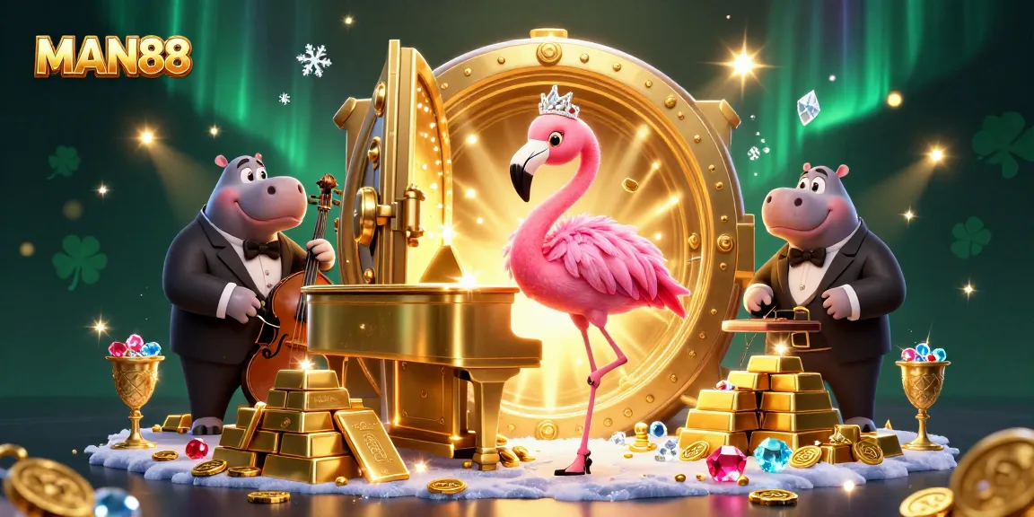 Experience gaming glamour at MAN88 with vibrant characters and dazzling treasures in a digital casino scene.