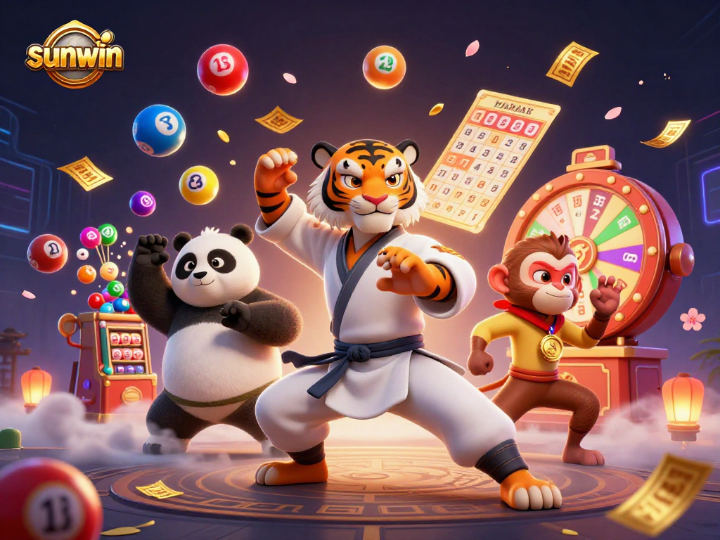 Win big with sunwin! A vibrant casino illustration featuring a kung fu tiger and friends.