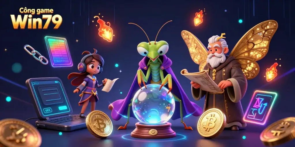 Engaging illustration of Cổng game Win79, featuring fortune teller and moth librarian in a vibrant casino scene.