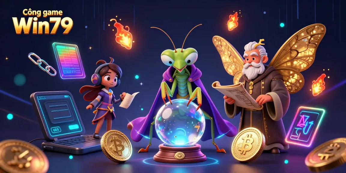 Engaging illustration of Cổng game Win79, featuring fortune teller and moth librarian in a vibrant casino scene.