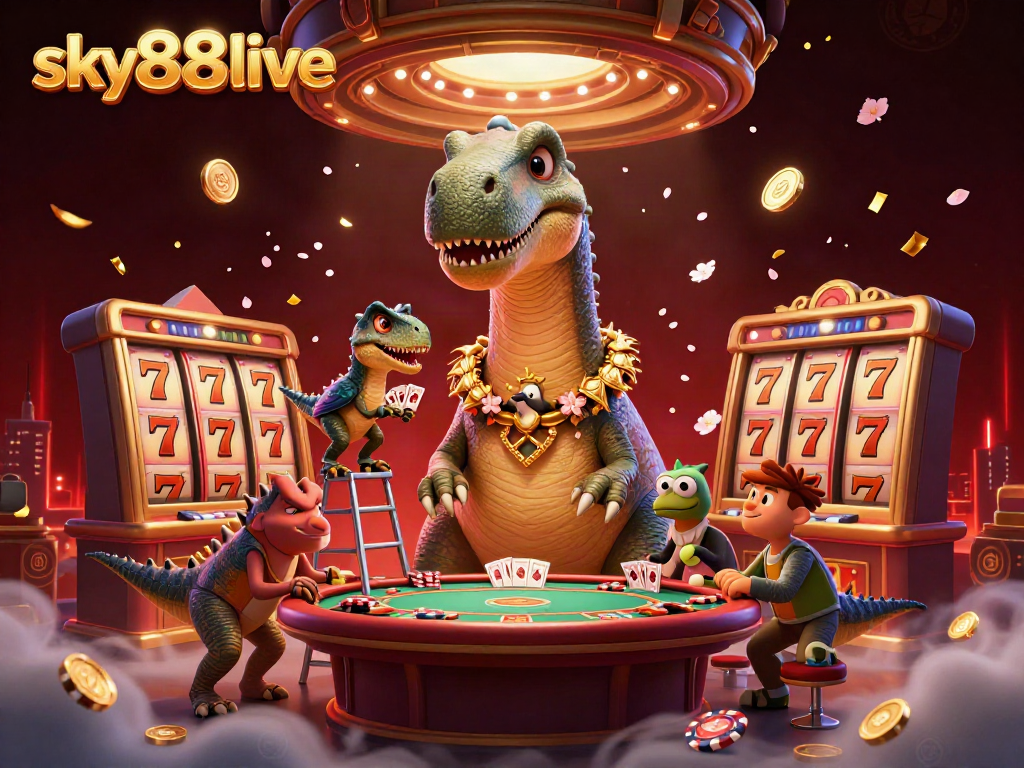 Engage with the vibrant sky88live casino scene showcasing colorful characters amidst exciting slot machines and festive elements.