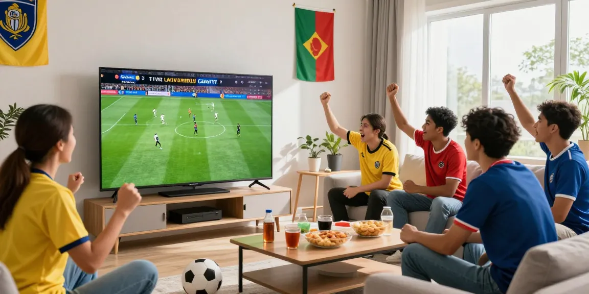 Friends enjoying a CakhiaTV live football match in a lively living room with snacks and team jerseys.