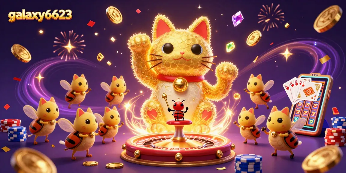 Play exciting games at galaxy6623 as golden fireflies form a lucky cat amidst casino symbols.