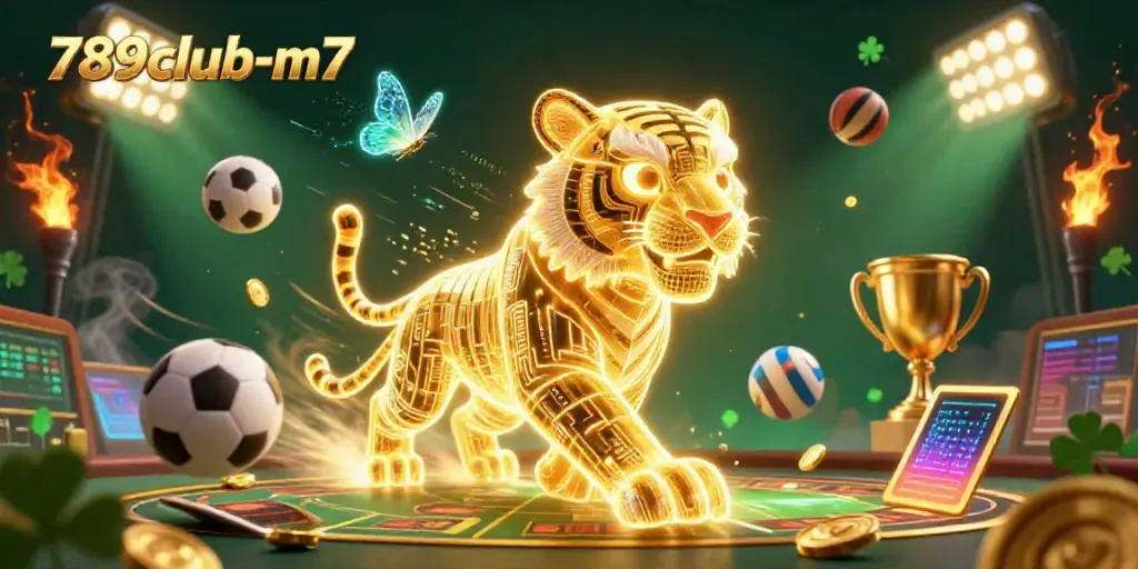 Unleash your luck with the vibrant and energetic 789club-m7 casino scene, featuring a neon tiger and sports elements.