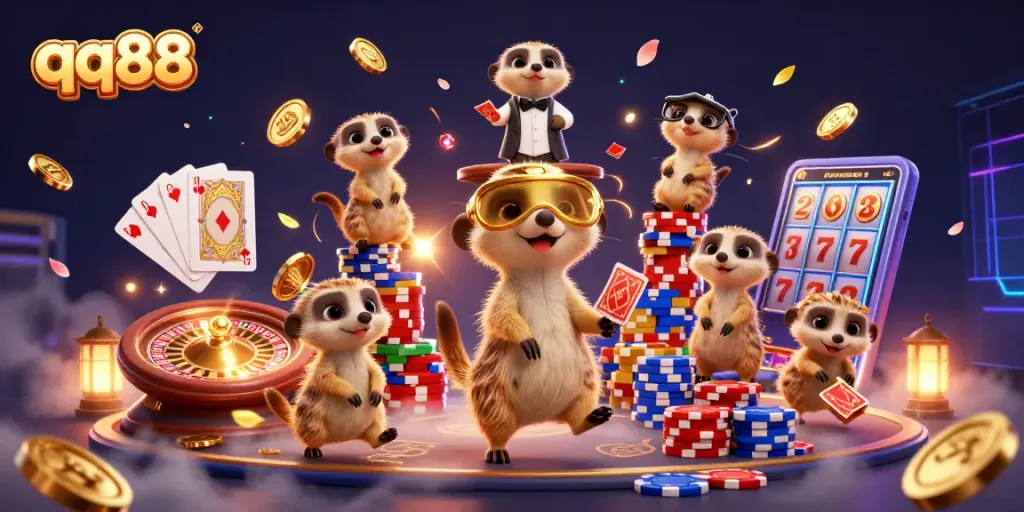 Experience the excitement of qq88 with a bustling meerkat casino scene featuring thrilling games and vibrant visuals.
