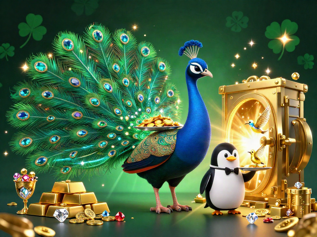 Experience the excitement of gambling with gavang, featuring a peacock, a penguin, and a hummingbird surrounded by gold treasures.