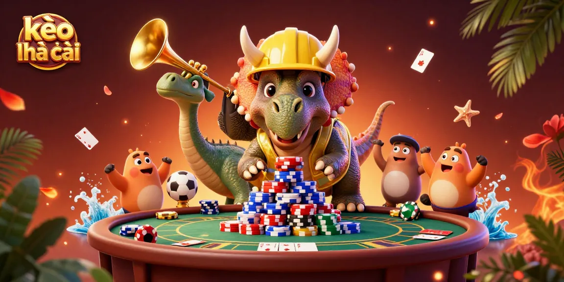 Engaging kèo nhà cái scene featuring cheerful dinosaur characters celebrating around dynamic betting elements.