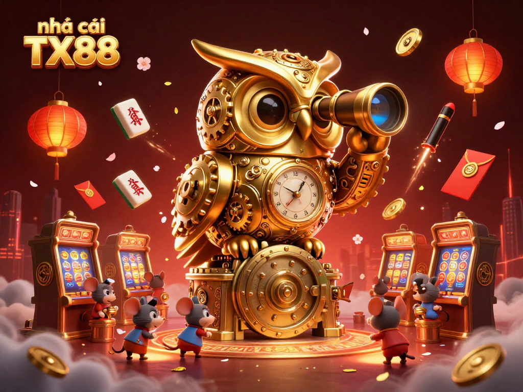 Experience thrill at nhà cái TX88 with an exciting 3D casino scene featuring iconic elements.