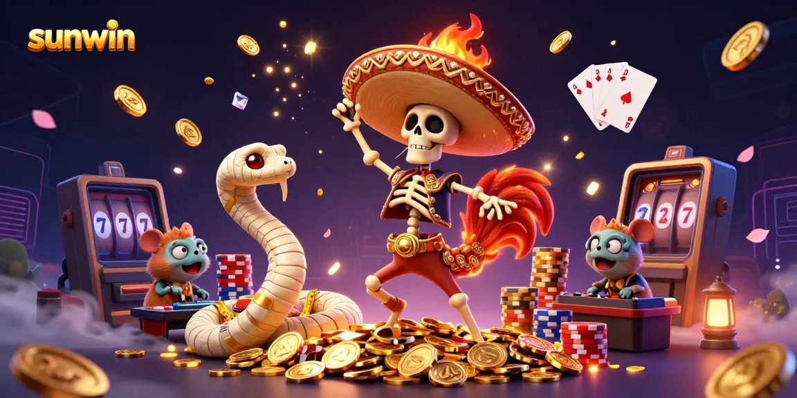 Experience the thrill of sunwin with vibrant 3D characters dancing amidst golden currency and gaming elements.