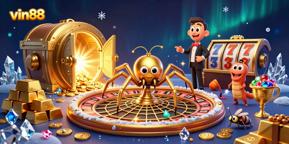 Experience thrilling bets at vin88 with a dynamic roulette web, croupier, and treasure-filled backdrop.