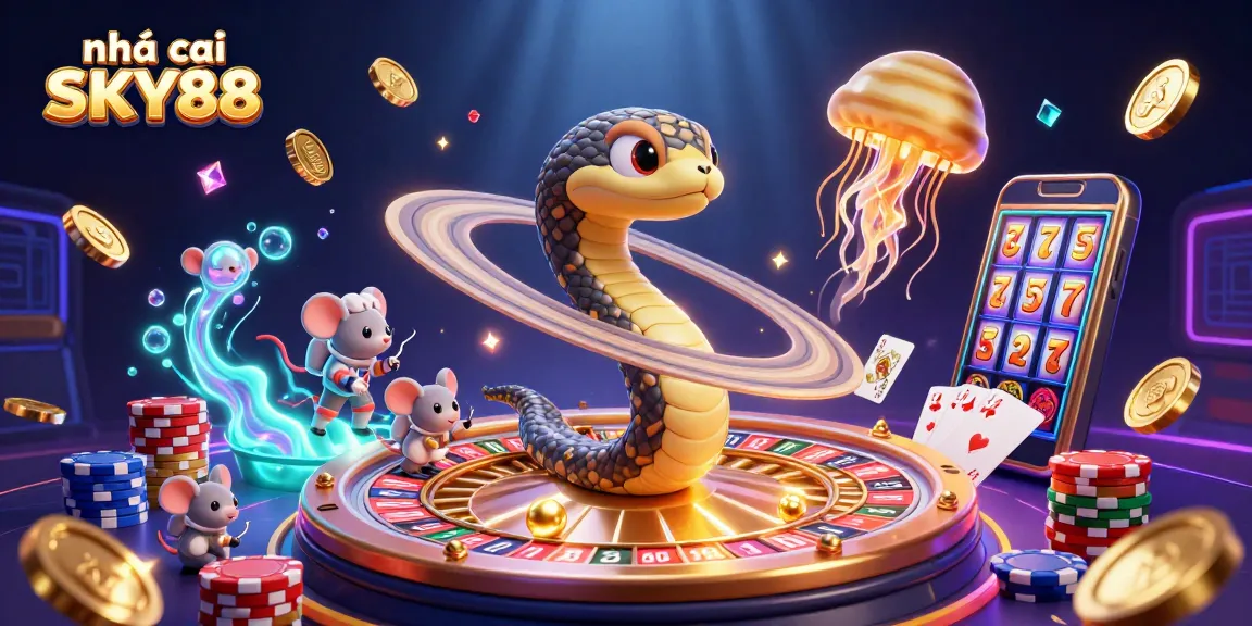 Experience thrilling gaming at nhà cái SKY88 with vibrant casino elements in a cosmic scene.