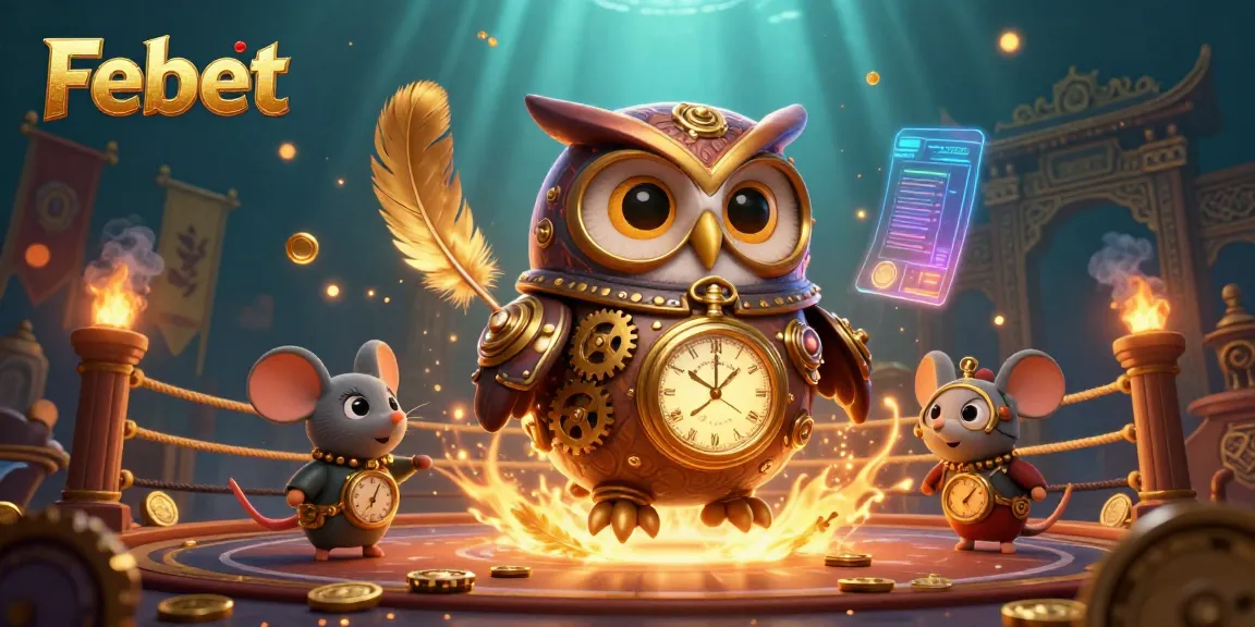 Engage in thrilling gameplay with Febet's vibrant casino universe featuring steampunk owl and clockwork companions.