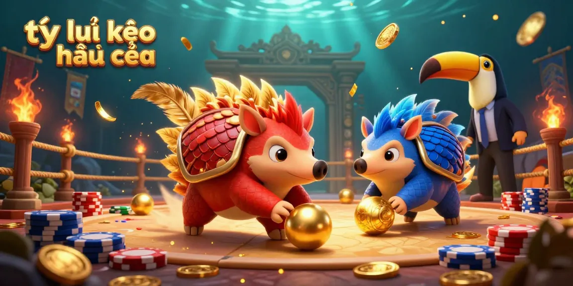 Engaging scene featuring rival pangolins bowling through poker chips, highlighting tỷ lệ kèo nhà cái for bettors.